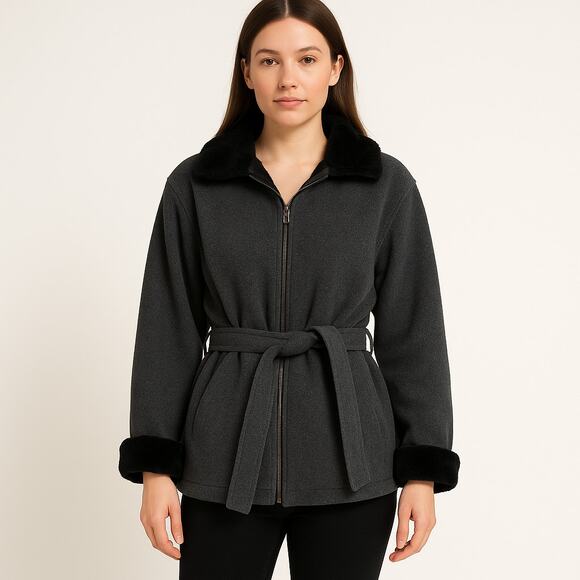 Vintage Y2K Jason Kole Wool Faux Fur Trim Belted Zip Jacket Cozy Winter Coat - Picture 2 of 16